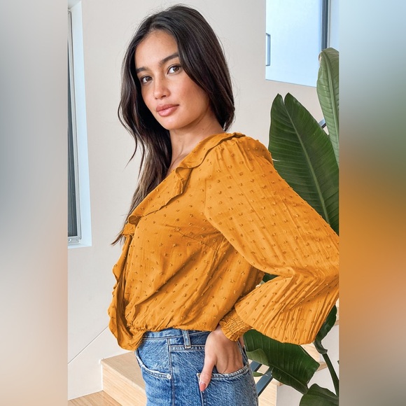 Mustard Yellow Swiss Dot Ruffled Long Sleeve Top - Picture 3 of 5